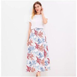 Ann Taylor LOFT Tropical Fish Smocked Maxi Skirt White XL Vacation Cotton Resort